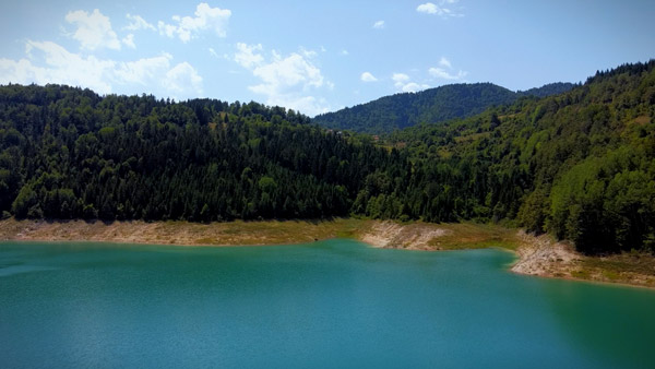 View of peaceful shore of Zaovine Lake on Tara Mountain